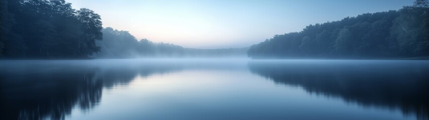 Fototapeta premium A serene lake at dawn with mist rising from the water and trees reflecting on the still surface, creating a tranquil atmosphere.