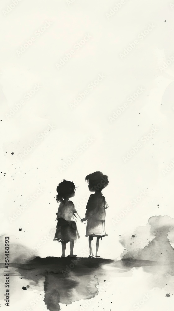 Poster Ink painting minimal of children silhouette togetherness photography.