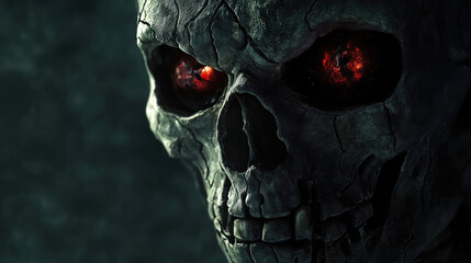 A creepy mask with skeletal, cracked features, hollow eye sockets, and glowing red eyes, surrounded by darkness.