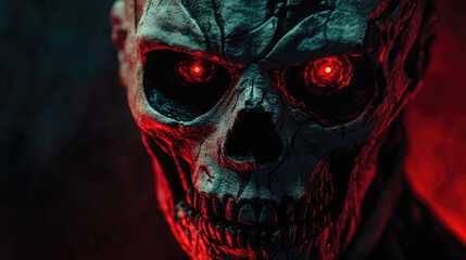 A disturbing mask featuring cracked skeletal elements, hollow eye sockets, and glowing red eyes.