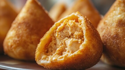 A close-up of a Brazilian coxinha, a popular snack filled with chicken and cream cheese, showcasing the rich flavors of street food.