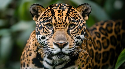 Fototapeta premium A close-up of a jaguar in the Pantanal, highlighting the majestic and endangered wildlife of Brazil.