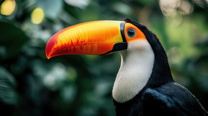 Obraz premium A close-up of a toucan in the Amazon Rainforest, with its vibrant beak and lush greenery in the background, showcasing Brazil's rich wildlife.