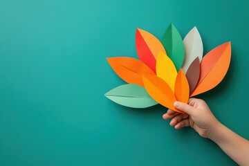 Student s hand holding a paper turkey craft, gluing colorful feathers on the back, creative classroom Thanksgiving activity
