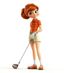 3D cartoon of a woman playing golf, against a solid white background