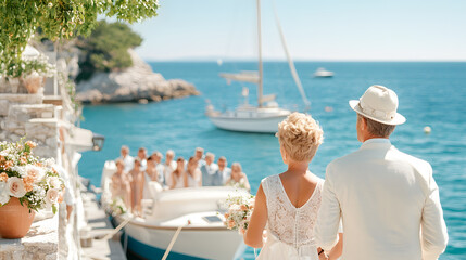 A nautical-themed wedding with a group of friends by the ocean