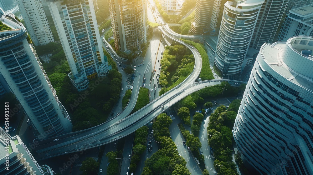 Poster a modern urban development with high-tech transportation systems and energy, efficient infrastructur