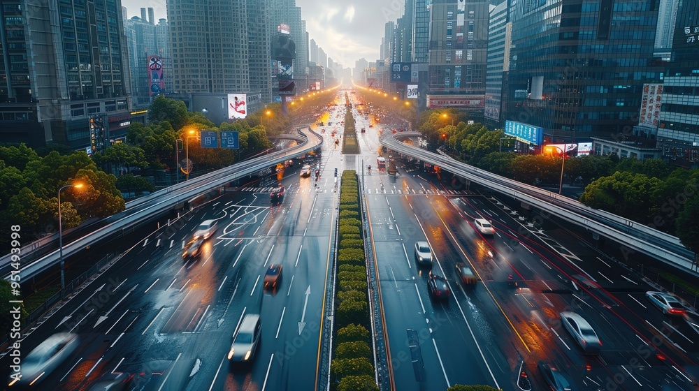 Poster a modern urban development with high-tech transportation systems and energy, efficient infrastructur