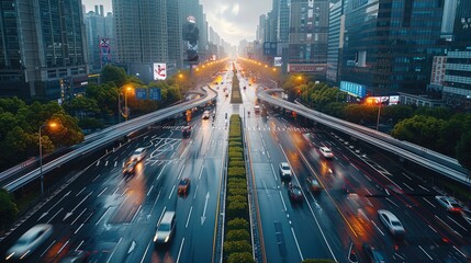 Obraz premium A modern urban development with high-tech transportation systems and energy, efficient infrastructures. Aerial high view. Generative AI.