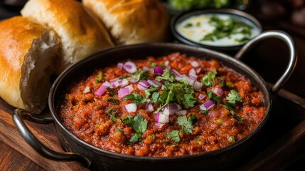 A colorful serving of pav bhaji with buttered buns, capturing the rich, spicy flavors of this popular Indian street food.