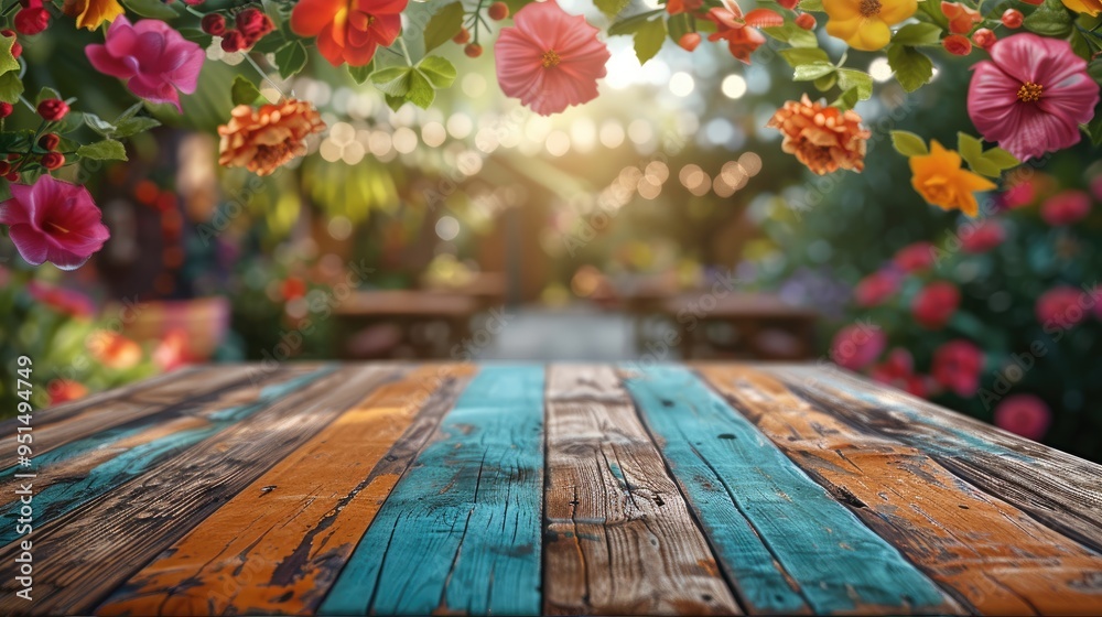 Poster A festive and vibrant image of an empty wooden table top, surrounded by colorful paper and a bokeh garden backdrop, ideal for product. Generative AI.