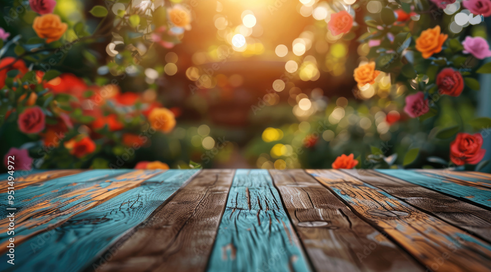 Poster A festive and vibrant image of an empty wooden table top, surrounded by colorful paper and a bokeh garden backdrop, ideal for product. Generative AI.