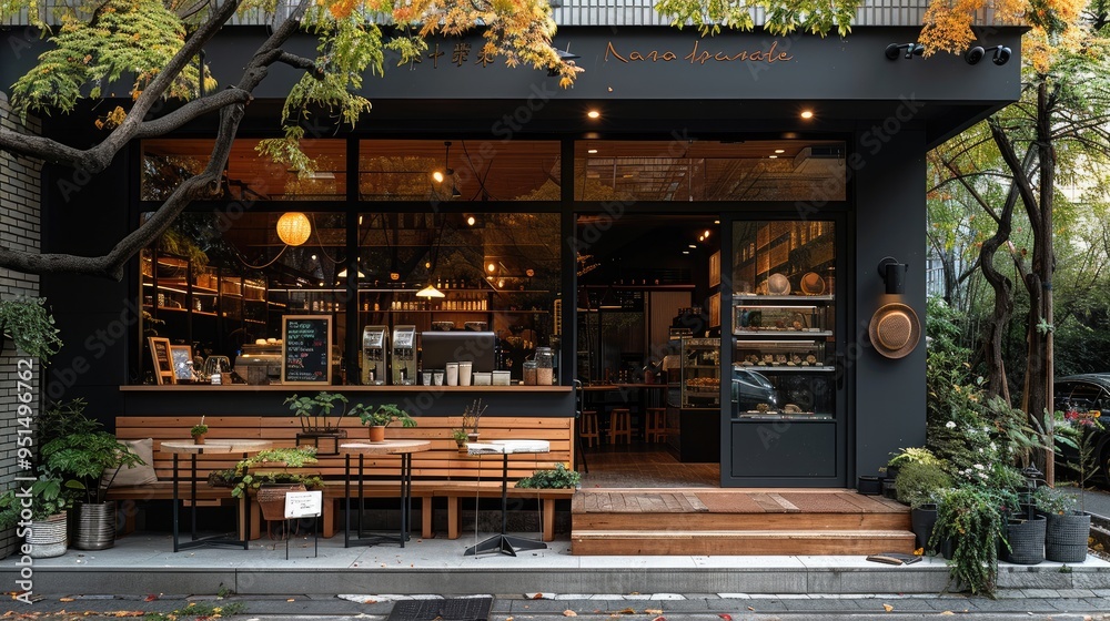 Aufkleber The front of the coffee shop is decorated with trees and black architecture. Generative AI.