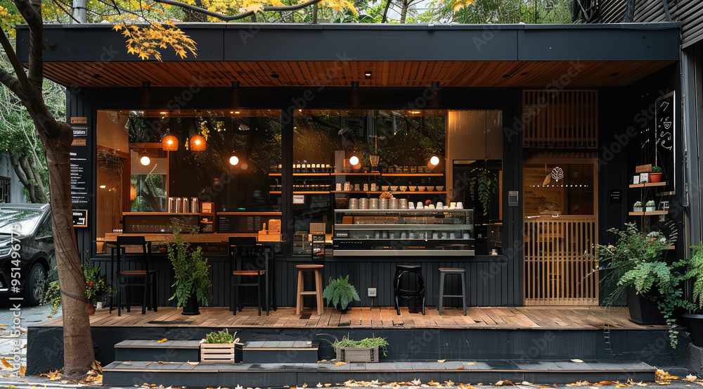 Aufkleber The front of the coffee shop is decorated with trees and black architecture. Generative AI.