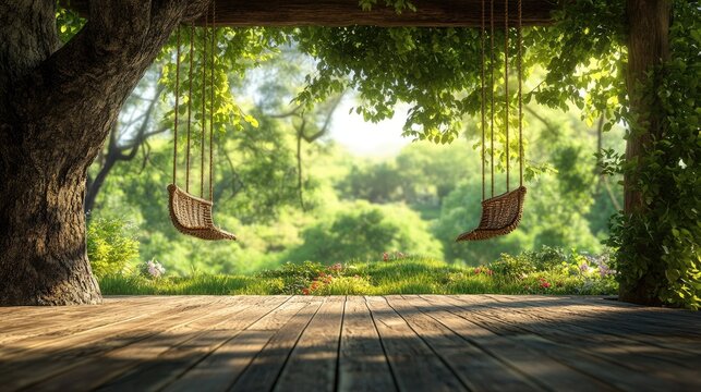Two wicker swings hanging from a tree branch above a wooden deck, set against a backdrop of lush green trees and a sunlit grassy meadow.