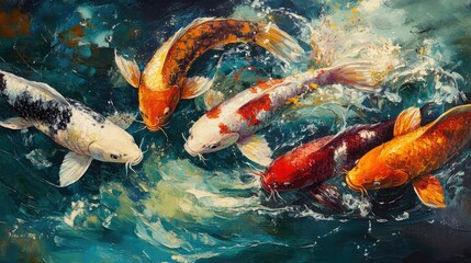 A group of Koi carps feeding at the water's surface, their colorful bodies creating a vibrant display against the calm pond.
