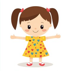 A cheerful baby girl stands with a radiant smile in her colorful dress, embodying kawaii charm against a clean backdrop.