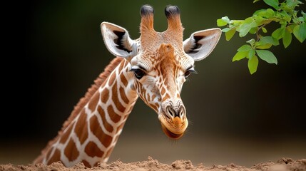 Obraz premium A close-up of a serene giraffe in a natural habitat, showcasing its distinctive patterns and gentle expression.