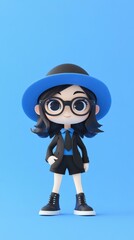 A cute little girl in a blue hat and black suit stands confidently, set against a clean, solid color background.