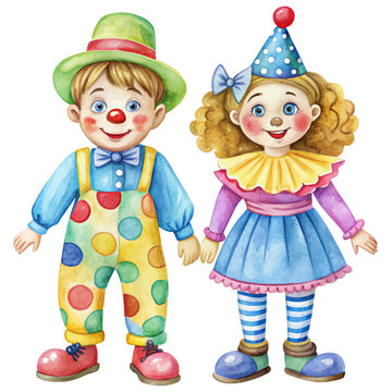recommend clip art: A playful illustration of a boy and girl clown holding hands, symbolizing joy, friendship, and the fun of childhood.