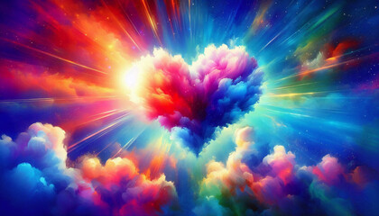 A vibrant watercolor painting of a heartshaped cloud in a sky filled with radiant colors