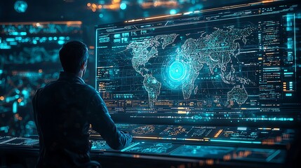 A hacker focuses on a world map displayed on a computer screen lit by blue and orange lights, reflecting the high-stakes world of cyber operations.