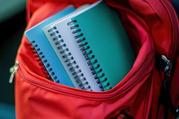 A red backpack with three spiral notebooks inside. The notebooks are blue, green, and white with generative ai