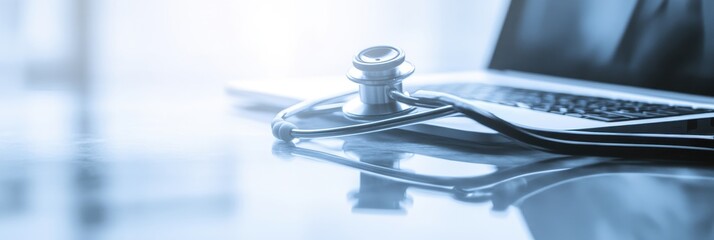 Stethoscope and laptop on glass table with copy space, medical background banner