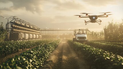 Fototapeta premium A high-tech agricultural field with automated machinery, sensors, and drones, representing the integration of smart farming in the industry.