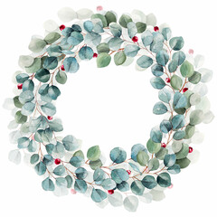 Beautiful watercolor wreath with hand drawn eucalyptus branches, leaves and red berries. Stock clipart illustration. Ready print design.