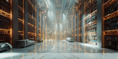 A virtual studio in a future library made of program code. Generative AI.