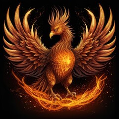 Obraz premium red dragon with wings tattoo with fire flames in dark night,feathers of the eagle in fire flame