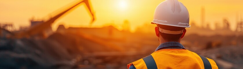 A construction worker observes a sunset at a construction site, wearing a safety helmet and reflective vest, promoting safety.