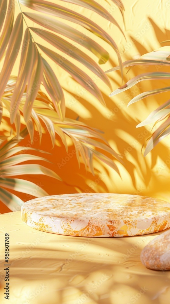 Poster A yellow background with a palm tree and a round object on it