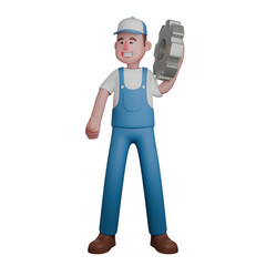 Mechanic in 3D. A mechanic is standing with his left hand lifting the gear. Male Professional