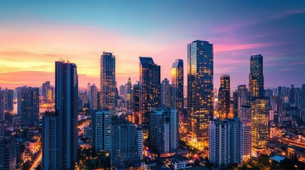 A majestic cityscape at dusk, with tall buildings reflecting the warm hues of sunset as lights begin to twinkle in the urban landscape.