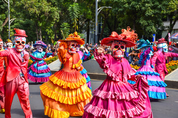Day of the dead parade in Mexico city, Catrinas with colorful costumes in an exciting tradition