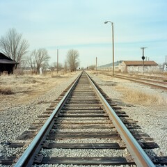 Obraz premium A pair of railroad tracks converging in the distance, with a train station visible in the background