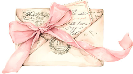 Love letter tied with a silk pink ribbon bow. Romantic coquette feminine clipart isolated design element