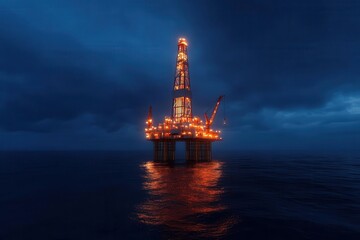 A glowing oil rig stands tall in the dark ocean, illuminated against the stormy sky, symbolizing energy and industry.