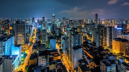 Fototapeta premium A panoramic view of Paulo's cityscape at night, with its towering skyscrapers and bustling streets, capturing the urban energy of Brazil.