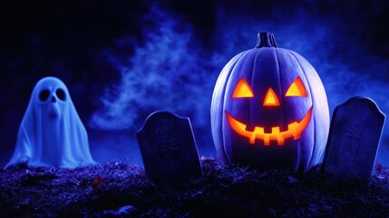A glowing pumpkin with a spooky face illuminates a graveyard scene, surrounded by fog and a ghostly figure. Perfect for Halloween.