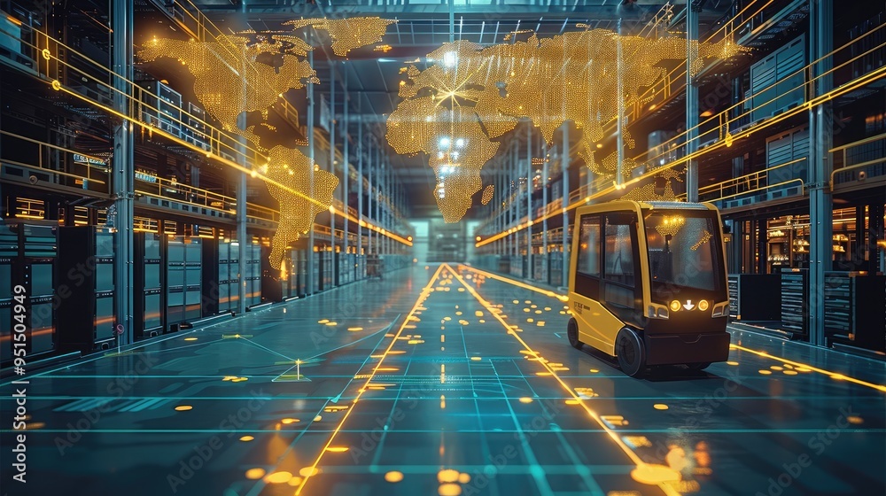 Poster A futuristic image with a world map prominently displayed at the top, floating like a cloud above a state-of-the-art automated warehouse facility. Generative AI.