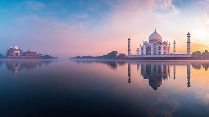Obraz premium A panoramic view of the Taj Mahal at sunrise, with its iconic marble dome reflecting in the still waters, capturing the beauty of India's most famous monument.