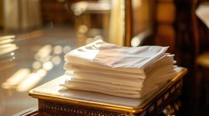 Stack of White Napkins on a Table with Golden Accents