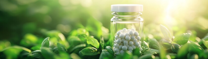 Pure Homeopathic Healing - Close-up of Pellets in Glass Vial on Fresh Herbs with Natural Light.
