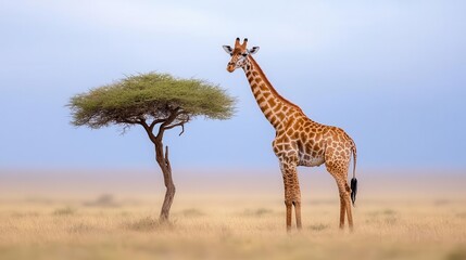 Obraz premium A majestic giraffe stands gracefully beside a solitary tree in a serene landscape, capturing the beauty of wildlife.