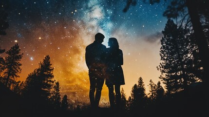 Silhouettes of Couple Under Starry Night Sky