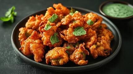 A plate of crispy pakoras served with mint chutney, highlighting the crunchy texture and spicy flavors of this Indian snack.