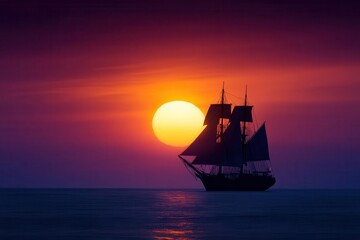 Fototapeta premium A majestic ship sailing into the sunset, surrounded by vibrant colors reflecting on the calm sea.